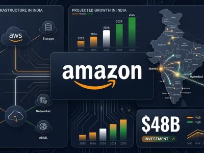 Amazon logo with India map showing Mumbai and Hyderabad data center nodes and 48 billion dollar investment figure with AWS infrastructure icons