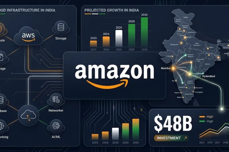 Amazon logo with India map showing Mumbai and Hyderabad data center nodes and 48 billion dollar investment figure with AWS infrastructure icons