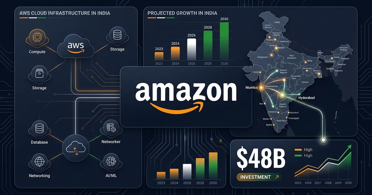 Amazon logo with India map showing Mumbai and Hyderabad data center nodes and 48 billion dollar investment figure with AWS infrastructure icons
