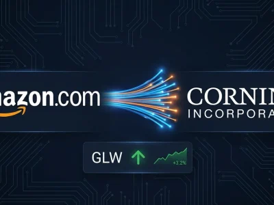 Dashboard composite showing Amazon and Corning logos with fiber optic imagery on a dark navy background