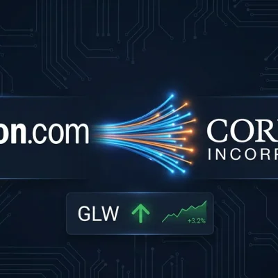 Dashboard composite showing Amazon and Corning logos with fiber optic imagery on a dark navy background