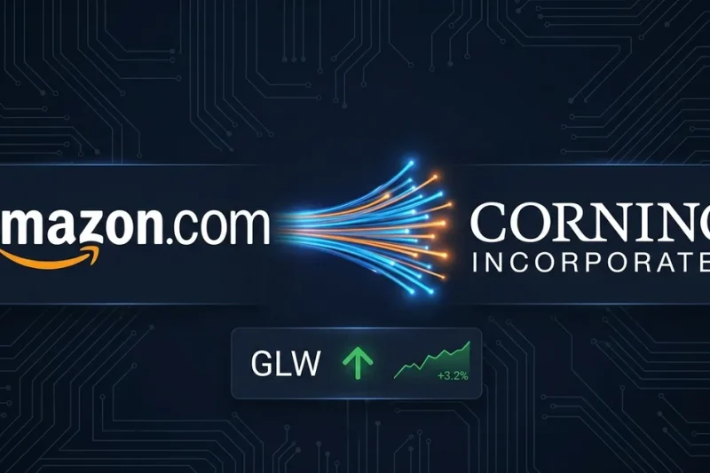 Dashboard composite showing Amazon and Corning logos with fiber optic imagery on a dark navy background