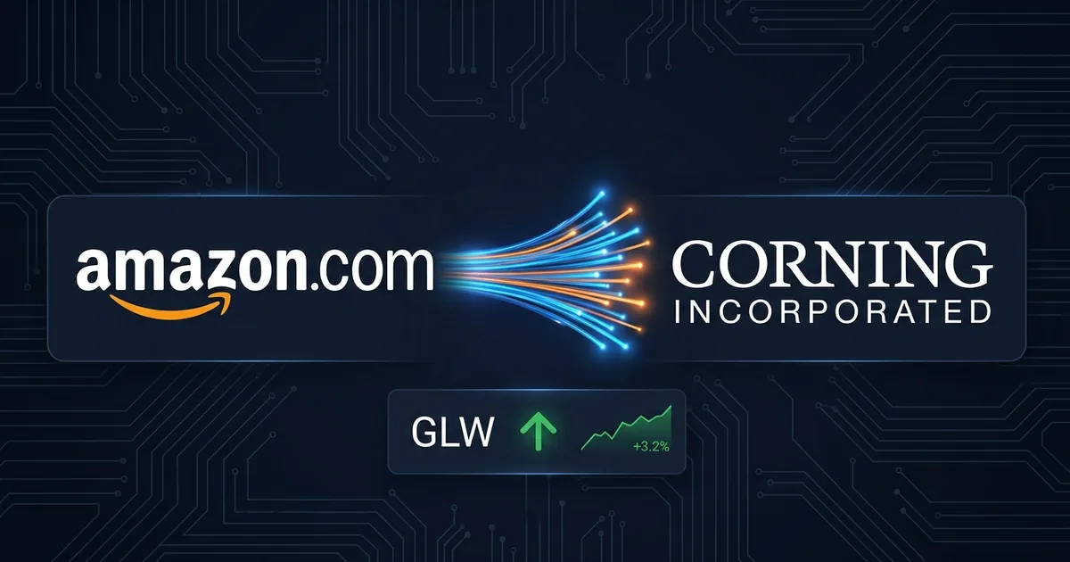 Dashboard composite showing Amazon and Corning logos with fiber optic imagery on a dark navy background