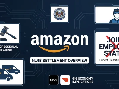 Amazon logo with NLRB seal, congressional hearing gavel, delivery vans, joint employer status crossed out, Uber and DoorDash gig economy icons on dark navy dashboard