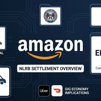Amazon logo with NLRB seal, congressional hearing gavel, delivery vans, joint employer status crossed out, Uber and DoorDash gig economy icons on dark navy dashboard