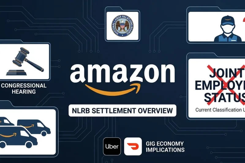 Amazon logo with NLRB seal, congressional hearing gavel, delivery vans, joint employer status crossed out, Uber and DoorDash gig economy icons on dark navy dashboard
