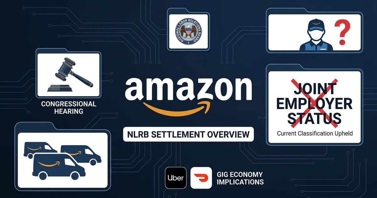 Amazon logo with NLRB seal, congressional hearing gavel, delivery vans, joint employer status crossed out, Uber and DoorDash gig economy icons on dark navy dashboard