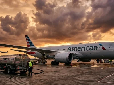 American Airlines aircraft being refueled on tarmac at golden hour with dramatic clouds, fuel truck in foreground