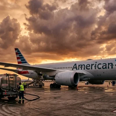 American Airlines aircraft being refueled on tarmac at golden hour with dramatic clouds, fuel truck in foreground