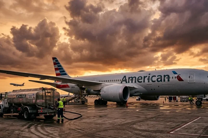 American Airlines aircraft being refueled on tarmac at golden hour with dramatic clouds, fuel truck in foreground