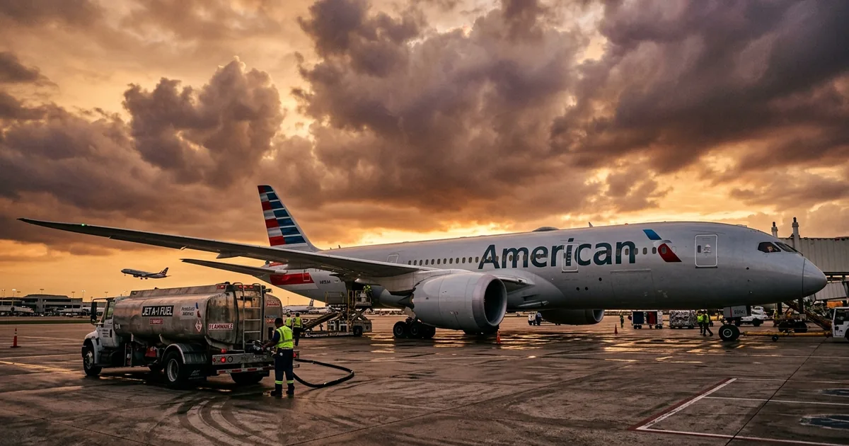 American Airlines aircraft being refueled on tarmac at golden hour with dramatic clouds, fuel truck in foreground