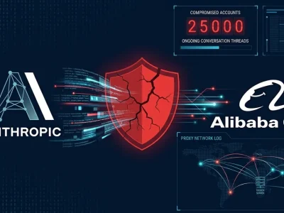 Anthropic and Alibaba Group logos flanking a cracked red security shield with data streams and proxy network visualization showing 25000 compromised accounts