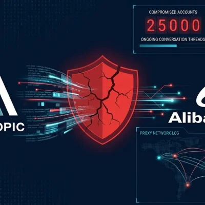 Anthropic and Alibaba Group logos flanking a cracked red security shield with data streams and proxy network visualization showing 25000 compromised accounts