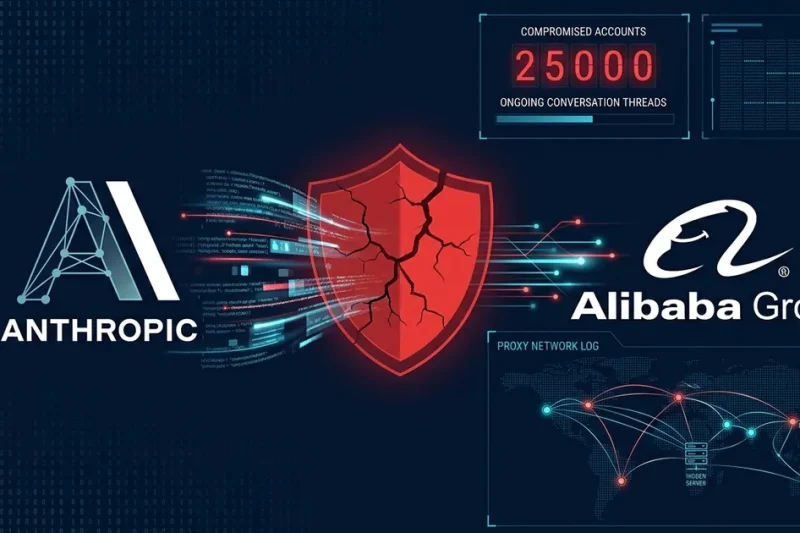 Anthropic and Alibaba Group logos flanking a cracked red security shield with data streams and proxy network visualization showing 25000 compromised accounts