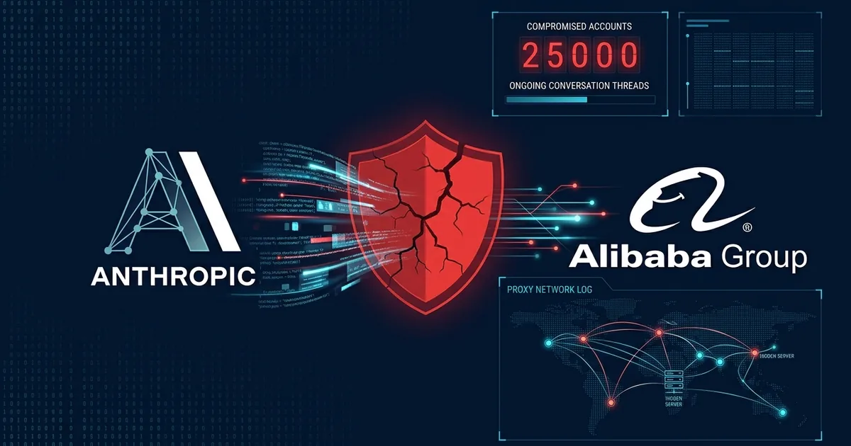 Anthropic and Alibaba Group logos flanking a cracked red security shield with data streams and proxy network visualization showing 25000 compromised accounts