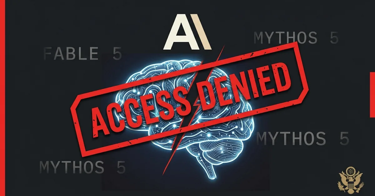 Anthropic AI models Fable 5 and Mythos 5 shut down by US government export control order with ACCESS DENIED stamp over neural network