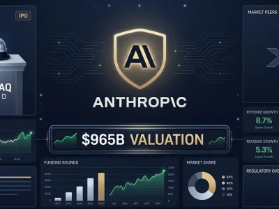 Financial dashboard composite showing Anthropic logo with 65B valuation, IPO bell, funding charts, and market peer comparison