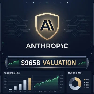 Financial dashboard composite showing Anthropic logo with 65B valuation, IPO bell, funding charts, and market peer comparison