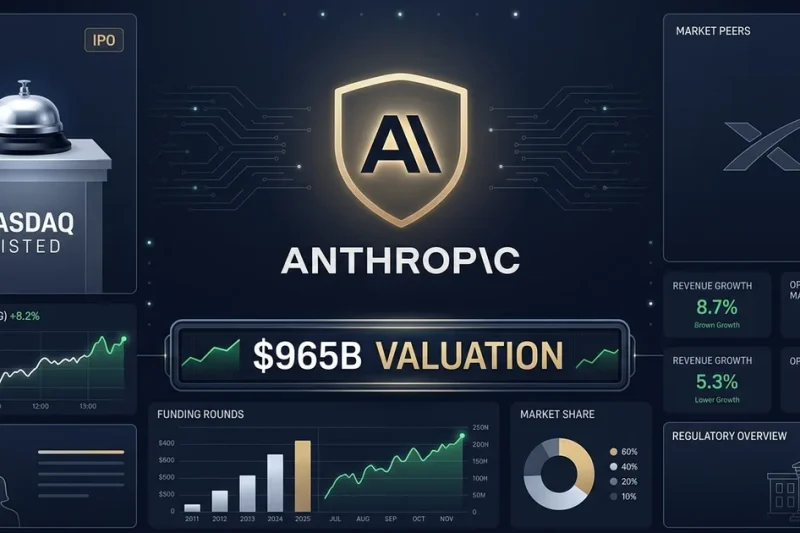 Financial dashboard composite showing Anthropic logo with 65B valuation, IPO bell, funding charts, and market peer comparison
