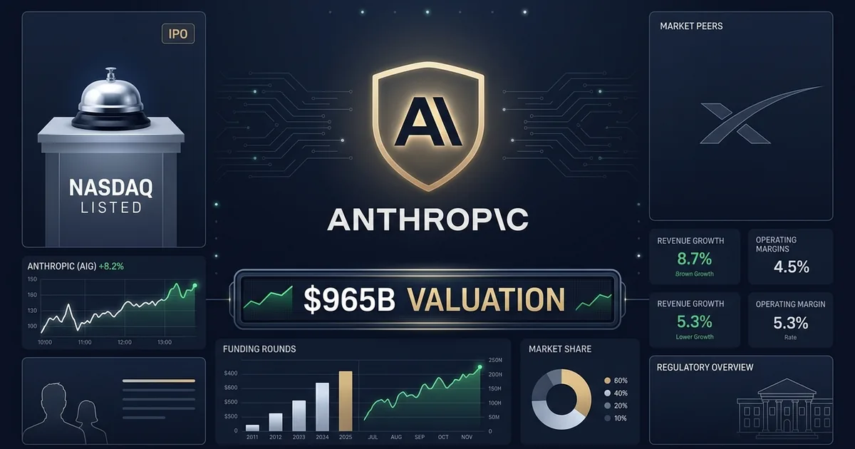Financial dashboard composite showing Anthropic logo with 65B valuation, IPO bell, funding charts, and market peer comparison