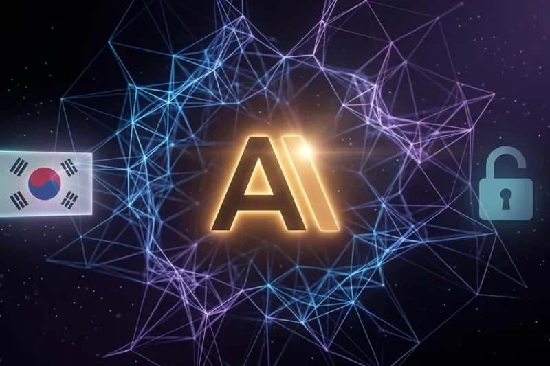 Glowing AI text with neural network mesh, South Korean flag, and open padlock icon representing Anthropic Seoul expansion and Fable 5 model restoration