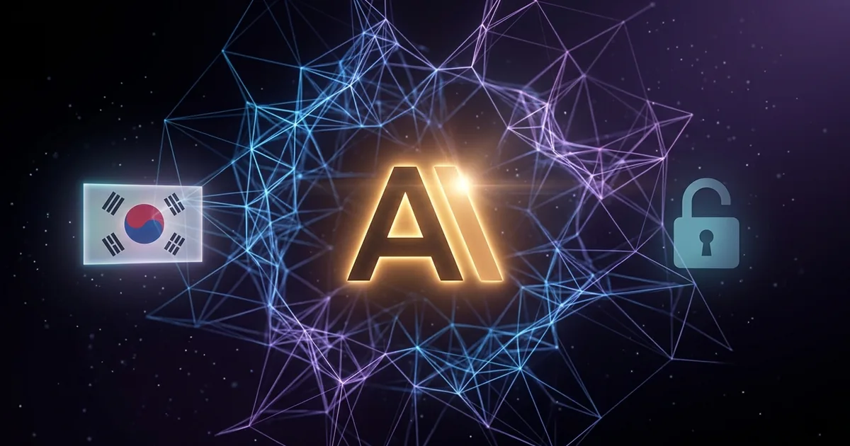 Glowing AI text with neural network mesh, South Korean flag, and open padlock icon representing Anthropic Seoul expansion and Fable 5 model restoration