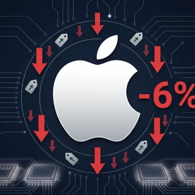 Apple logo with red downward stock arrows showing minus 6 percent decline surrounded by Microsoft and Xbox logos on dark circuit board background with DRAM chips