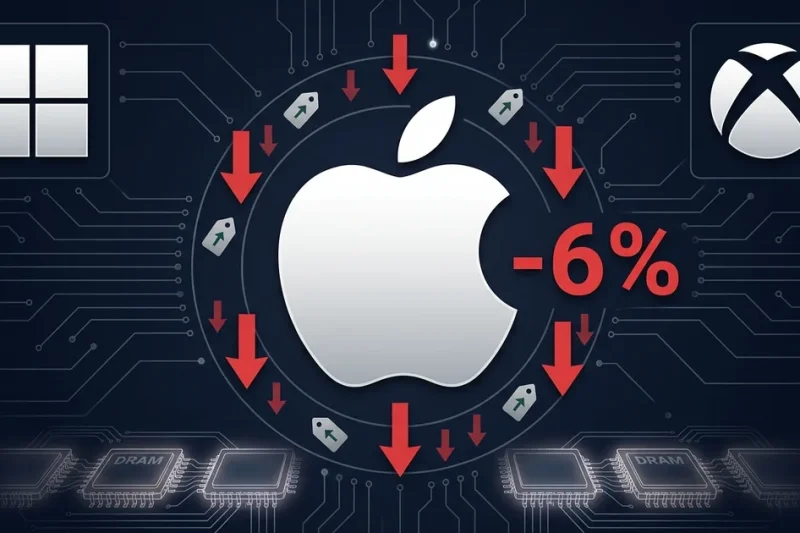 Apple logo with red downward stock arrows showing minus 6 percent decline surrounded by Microsoft and Xbox logos on dark circuit board background with DRAM chips