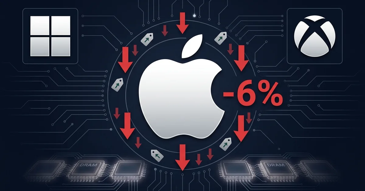 Apple logo with red downward stock arrows showing minus 6 percent decline surrounded by Microsoft and Xbox logos on dark circuit board background with DRAM chips