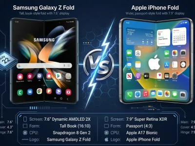 Side by side comparison of Samsung Galaxy Z Fold and Apple iPhone Fold with specs