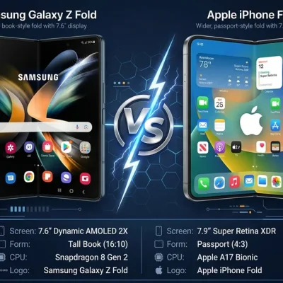 Side by side comparison of Samsung Galaxy Z Fold and Apple iPhone Fold with specs