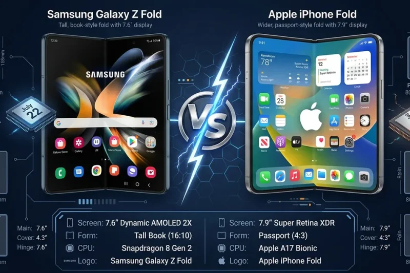 Side by side comparison of Samsung Galaxy Z Fold and Apple iPhone Fold with specs