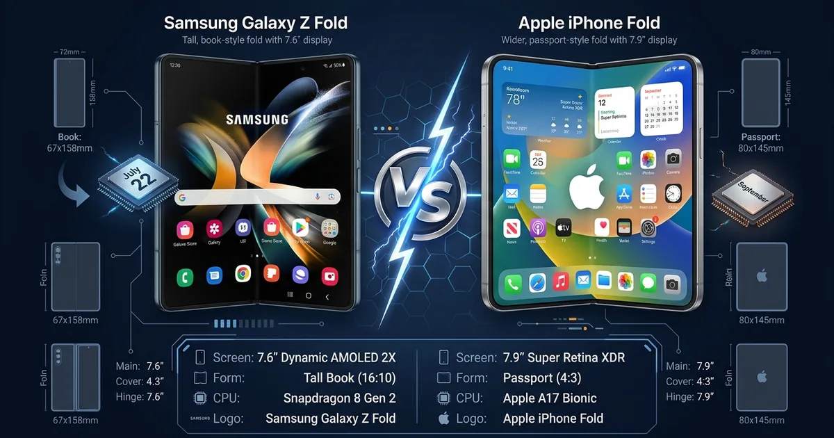 Side by side comparison of Samsung Galaxy Z Fold and Apple iPhone Fold with specs