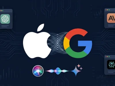 Apple and Google logos connected by neural network lines with Siri waveform transitioning to Gemini sparkle, surrounded by AI provider app cards on dark navy circuit board background