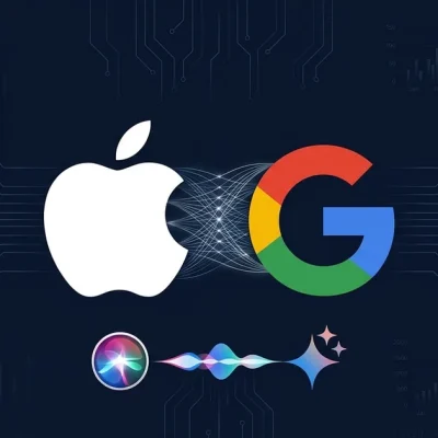 Apple and Google logos connected by neural network lines with Siri waveform transitioning to Gemini sparkle, surrounded by AI provider app cards on dark navy circuit board background