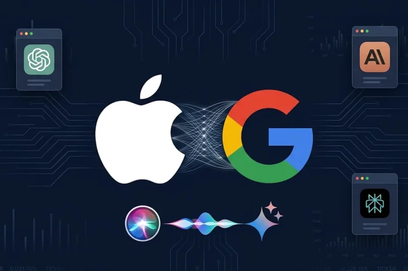 Apple and Google logos connected by neural network lines with Siri waveform transitioning to Gemini sparkle, surrounded by AI provider app cards on dark navy circuit board background