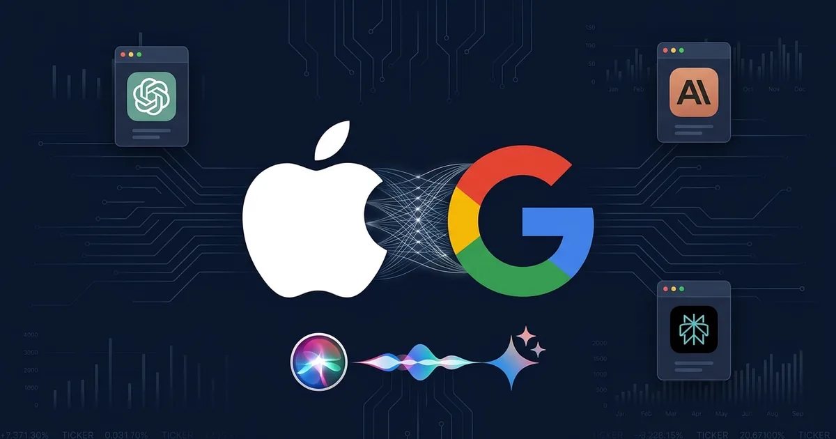 Apple and Google logos connected by neural network lines with Siri waveform transitioning to Gemini sparkle, surrounded by AI provider app cards on dark navy circuit board background