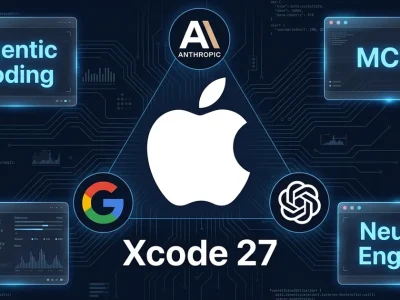 Apple logo with Xcode 27 text surrounded by Anthropic, Google, and OpenAI logos with Agentic Coding, MCP, and Neural Engine panels on dark dashboard