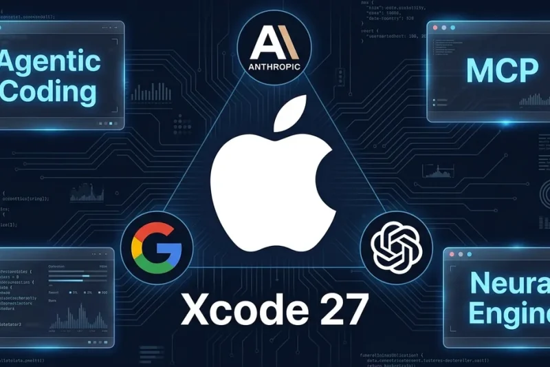 Apple logo with Xcode 27 text surrounded by Anthropic, Google, and OpenAI logos with Agentic Coding, MCP, and Neural Engine panels on dark dashboard