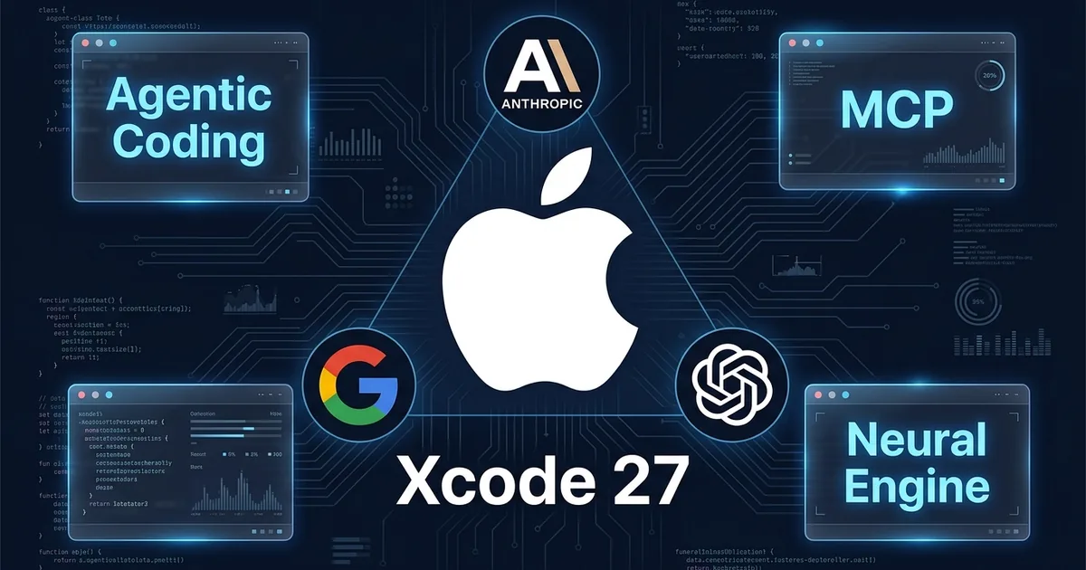 Apple logo with Xcode 27 text surrounded by Anthropic, Google, and OpenAI logos with Agentic Coding, MCP, and Neural Engine panels on dark dashboard