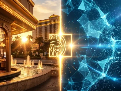 Split composite contrasting a warm golden-hour Las Vegas casino-resort with a cold dissolving blue AI neural mesh, MGM lion logo glowing at the seam