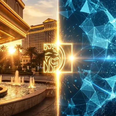 Split composite contrasting a warm golden-hour Las Vegas casino-resort with a cold dissolving blue AI neural mesh, MGM lion logo glowing at the seam