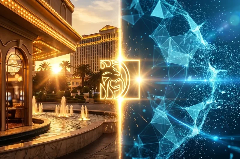 Split composite contrasting a warm golden-hour Las Vegas casino-resort with a cold dissolving blue AI neural mesh, MGM lion logo glowing at the seam