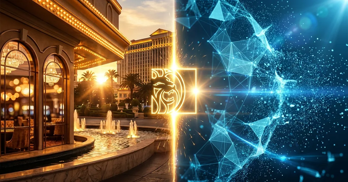 Split composite contrasting a warm golden-hour Las Vegas casino-resort with a cold dissolving blue AI neural mesh, MGM lion logo glowing at the seam