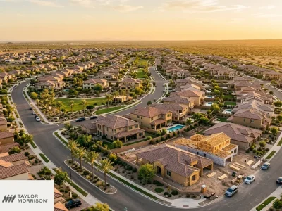 Golden-hour aerial of a new Sun Belt master-planned home community with a house under construction, Berkshire Hathaway and Taylor Morrison logo lockup in the corner