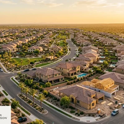 Golden-hour aerial of a new Sun Belt master-planned home community with a house under construction, Berkshire Hathaway and Taylor Morrison logo lockup in the corner
