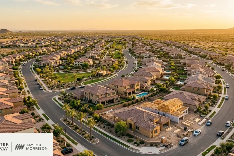 Golden-hour aerial of a new Sun Belt master-planned home community with a house under construction, Berkshire Hathaway and Taylor Morrison logo lockup in the corner