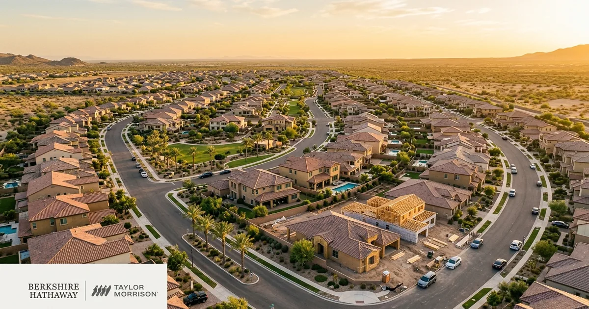 Golden-hour aerial of a new Sun Belt master-planned home community with a house under construction, Berkshire Hathaway and Taylor Morrison logo lockup in the corner