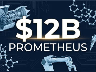 Prometheus AI startup 2 billion fundraise at 1 billion valuation with jet engine, molecular structure, and robotics imagery