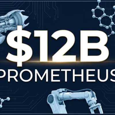Prometheus AI startup 2 billion fundraise at 1 billion valuation with jet engine, molecular structure, and robotics imagery